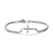 Carica l&#39;immagine nel visualizzatore di Gallery, bracciale a catena sottile con croce centrale in acciaio lucido colore argento
