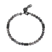 Carica l'immagine nel visualizzatore di Gallery, bracciale con perline di pietra picasso intermezzate da elementi esagonali in acciaio lucido e terminali placcati neri
