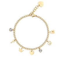 Carica l'immagine nel visualizzatore di Gallery, Bracciale con pendenti simboli di Pace e Amore in acciaio PVD Oro e Cristallo S'AGAPò MESSAGE SSG15
