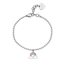 Carica l'immagine nel visualizzatore di Gallery, Bracciale maglia pallina con charm arcobaleno in acciaio bianco con smalto colorato
