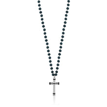 Carica l'immagine nel visualizzatore di Gallery, Collana con perline sfaccettate di vetro blu e croce in acciaio con parti placcate di nero
