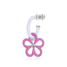 Carica l'immagine nel visualizzatore di Gallery, Orecchino a cerchio singolo con Fiore pendente in acciaio cristallo e smalto Bianco e Fucsia di S'Agapò VIBES SVB53
