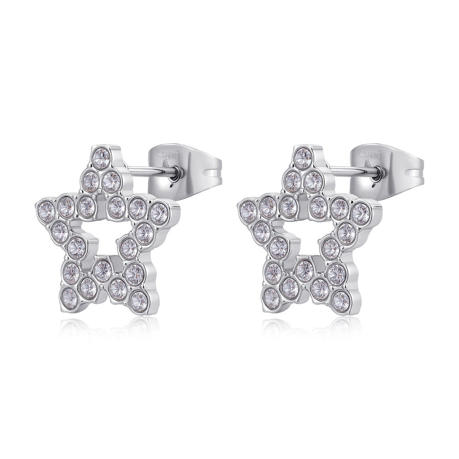 Orecchini a forma di Stella in acciaio Lucido e cristalli bianchi applicati di S'AGAPò gioielli della collezione TWINKLE.

