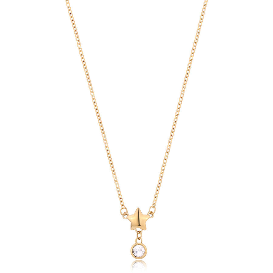 Collana sottile da donna con stella entrale e come pendente un punto luce di cristallo bianco in acciaio placcato oro