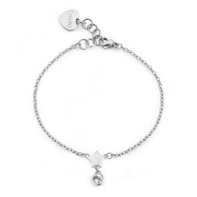 Bracciale sottile con stella e punto luce pendente con cristallo bianco applicato su acciaio lucido color argento