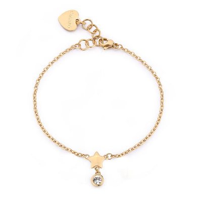 Bracciale sottile con stella lucida e punto luce pendente con cristallo bianco applicato su acciaio colore oro giallo