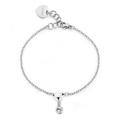 Bracciale sottile con cuore e punto luce pendente con cristallo bianco applicato su acciaio lucido color argento