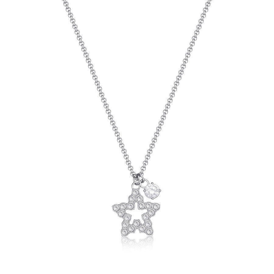 Collana con pendenti a forma di stella e punto luce con cristalli bianchi In acciaio Lucido color argento.