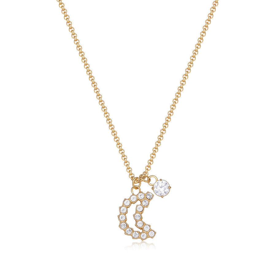 Collana con luna e punto luce con cristalli bianchi applicati In acciaio Lucido placcato Oro