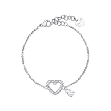 Bracciale con cuore centrale con cristalli bianchi montati su acciaio lucido color argento con piccolo charm a punto luce