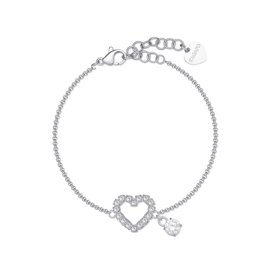 Bracciale con cuore centrale con cristalli bianchi montati su acciaio lucido color argento con piccolo charm a punto luce