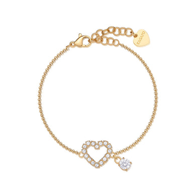 Bracciale con cuore centrale di cristalli bianchi montati su acciaio Lucido placcato Oro Giallo con piccolo charm a punto luce