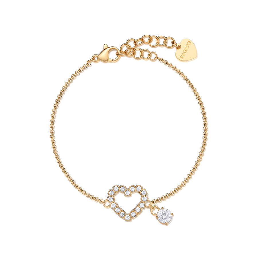 Bracciale con cuore centrale di cristalli bianchi montati su acciaio Lucido placcato Oro Giallo con piccolo charm a punto luce