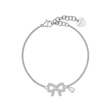 Carica l&#39;immagine nel visualizzatore di Gallery, Bracciale con Fiocchetto centrale con cristalli bianchi applicati su acciaio lucido color argento con piccolo charm a punto luce
