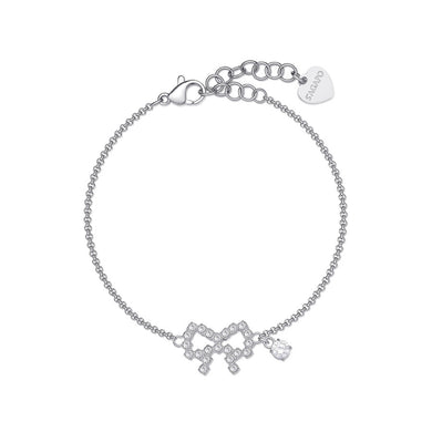 Bracciale con Fiocchetto centrale con cristalli bianchi applicati su acciaio lucido color argento con piccolo charm a punto luce
