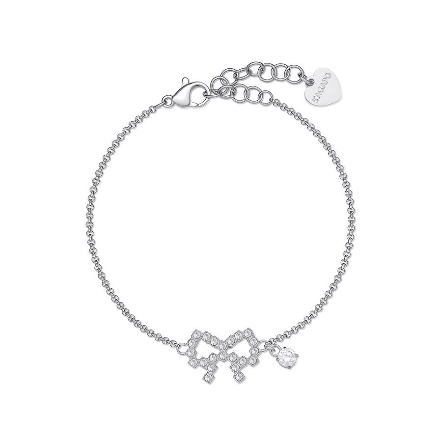 Bracciale con Fiocchetto centrale con cristalli bianchi applicati su acciaio lucido color argento con piccolo charm a punto luce