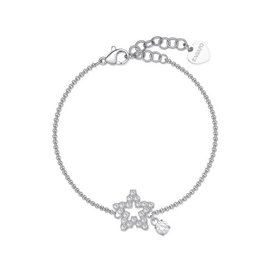 Bracciale sottile con stella centrale con cristalli bianchi montati su acciaio lucido color argento e piccolo charm a punto luce