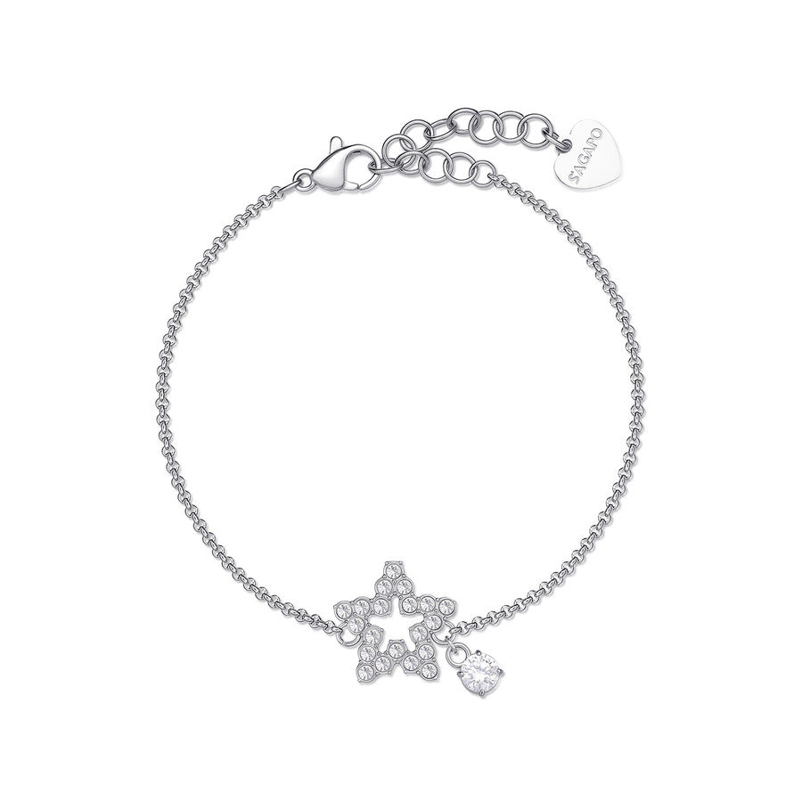 Bracciale sottile con stella centrale con cristalli bianchi montati su acciaio lucido color argento e piccolo charm a punto luce