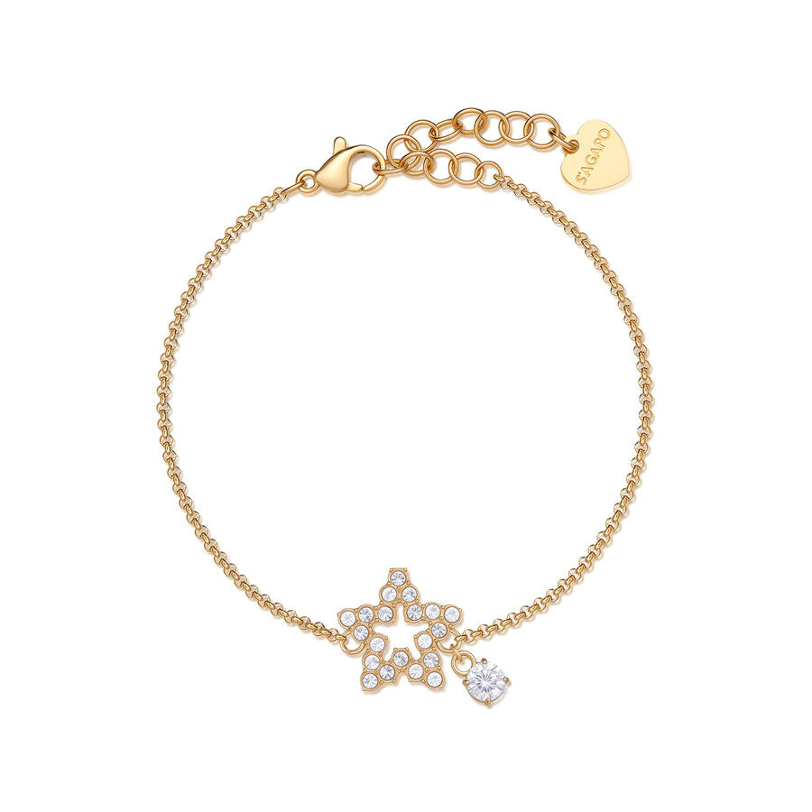 Bracciale con stella centrale fatta di cristalli bianchi montati In acciaio Lucido placcato Oro Giallo con piccolo charm a punto luce