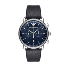 Carica l&#39;immagine nel visualizzatore di Gallery, EMPORIO ARMANI AR11105 Aviator Orologio Cronografo Uomo in Pelle Blu Notte
